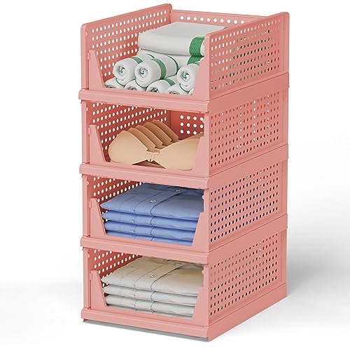 MVSRWLL Stackable Plastic Storage Basket Bin Shelf Box for Closet Wardrobe Organizer 4 Pack Foldable Clothes Drawer Storage Container for Cupboard Kitchen Bathroom Bedroom Office (White)(3L+1S)