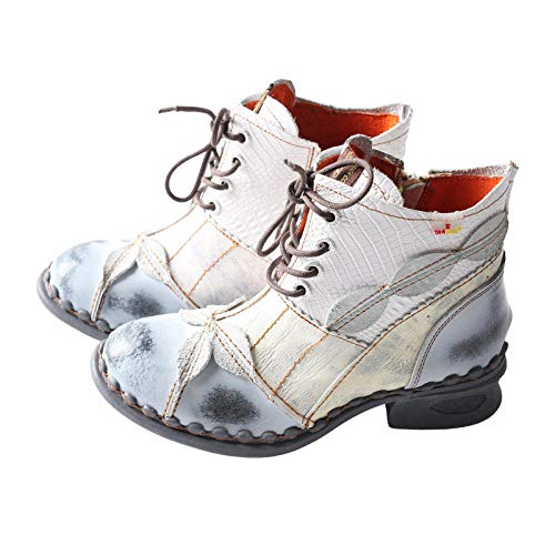TMA EYES Women's Ankle Boots Low Heel Lace-up Side Zipper Fashion Leather Booties(White,6)