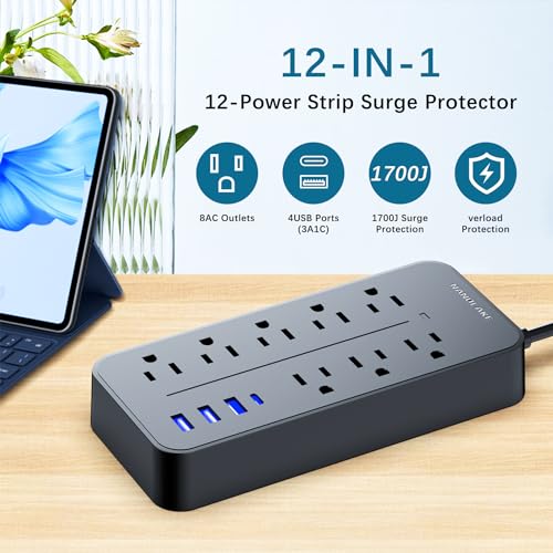Nanolake Surge Protector Power Strip with USB Ports, Flat Plug Outlet Extender with Extension Cord 6 ft,8 AC outlets,1700 Joules,Mountable,Black (Without Night Light).