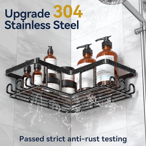 YASONIC Corner Adhesive Shower Caddy, with Soap Holder and 12 Hooks, Rustproof Stainless Steel Bathroom Organizer, No Drilling Wall Mounted Rack, Black, 3-Pack