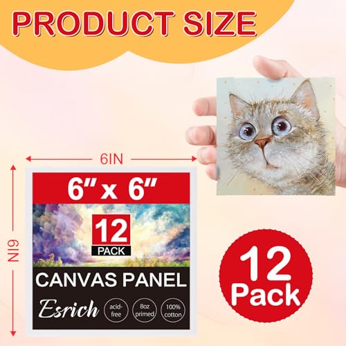 ESRICH Small Canvases for Painting 6x6 inch, 12 Pack Canvas Boards Cotton Painting Canvas Primed Acid Free Mini Blank Canvas Panels for Oil Paint,Watercolor,Acrylic Paint,Gouache&Tempera.