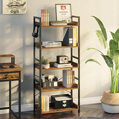Rolanstar Bookshelf 5 Tier with 4 Hooks, Industrial Wood Bookcase, Vintage Storage Rack with Open Shelves, Rustic Standing Bookshelves Display Rack for Living Room, Bedroom, Rustic Brown