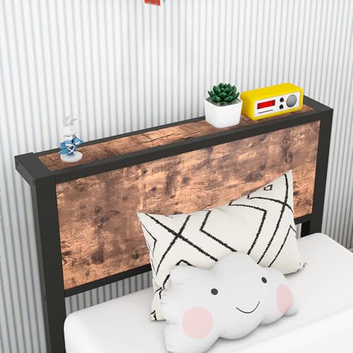 HOMERECOMMEND Full Bed Frame with Charging Station and Storage Headboard,Platform Bed Frame Full Size,Strong Slats Mattress Foundation,Easy Assembly,Black+Vintage Brown