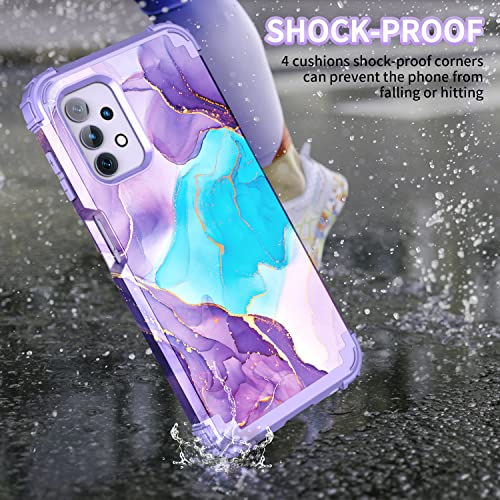 BQQFG for Galalxy A32 5G Case,Marble Design Three Layer Heavy Duty Shockproof Hybrid Hard Plastic Bumper Soft Silicone Rubber Drop Protective Cover Case for Samsung Galaxy A32 5G 6.5",Deep Purple