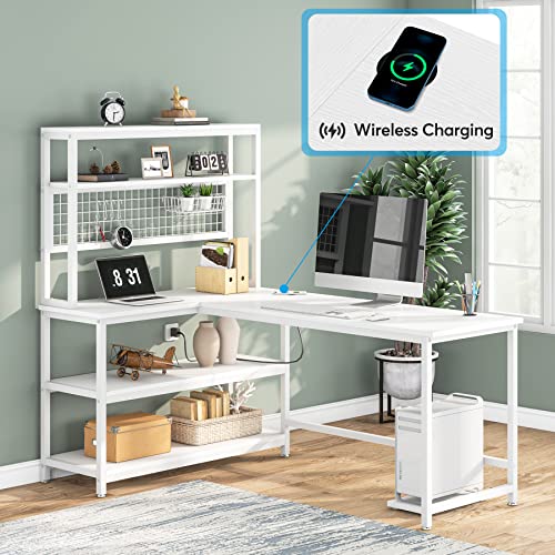 Tribesigns 55" Large Computer Desk with Wireless Charging 5 Storage Shelves, Office Desk Study Table Writing Desk Workstation with Hutch Bookshelf for Home Office (All Black)