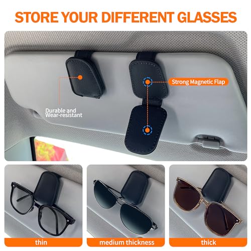 Sunglasses Holders for Car Sun Visor, Magnetic Leather Glasses Eyeglass Hanger Clip for Car, Visor Sunglasses Holder Clip Car Accessories for Truck (4pack Black)