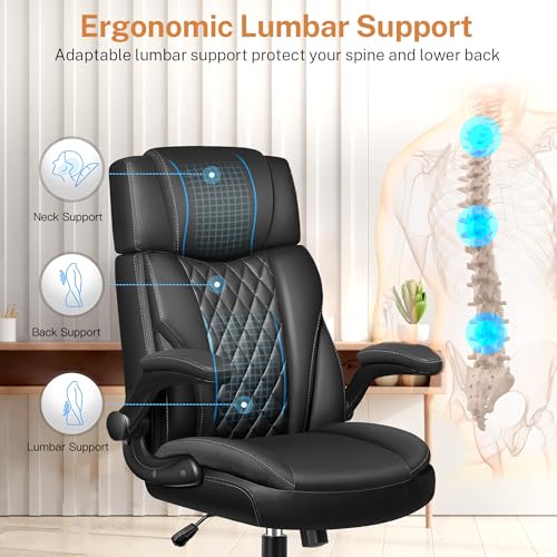 BestGlory Office Chair Flip Up Arms, Executive Leather Office Chair Ergonomic Desk Chair with Lumbar Support, Adjustable Headrest, Computer Chair Home Office Desk Chair with Rocking Function