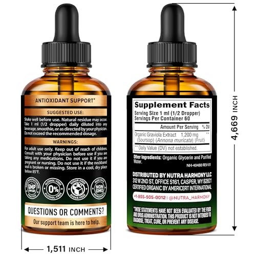 USDA Organic Soursop - Soursop Bitters Liquid - Graviola Fruit Extract - Antioxidant for Digestion & Detox | Energy Boost & Immune Support - Sugar & Alcohol-Free, Natural Taste - Made in USA - 2 Fl Oz