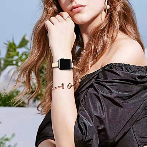 STIROLL Slim Leather Bands Compatible with Apple Watch Band 38mm 40mm 41mm 42mm 44mm 45mm 49mm,Top Grain Leather Watch Thin Wristband for iWatch Ultra SE Series 9/8/7/6/5/4/3/2/1(Brown with Rose Gold)