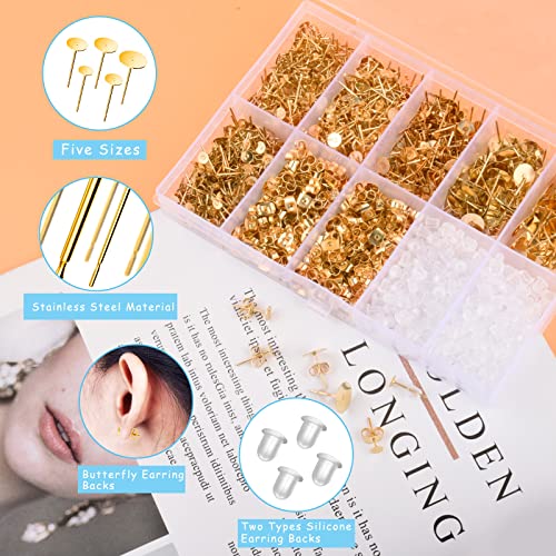 VERACT Earring Posts and Backs, 2000Pcs Golden Hypoallergenic Earring Studs for Jewelry Making Kit and Butterfly Earring Backs and Rubber Earring Backs with Box (4mm, 5mm, 6mm, 8mm, 10mm)