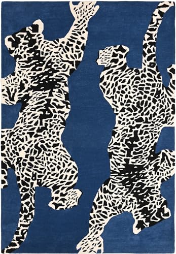Restoration and Renovation Climbing Jaguar Modern Handmade Wool Rug for Living Room, Bedroom and Dining Room (Dark Blue, 7' x 10')