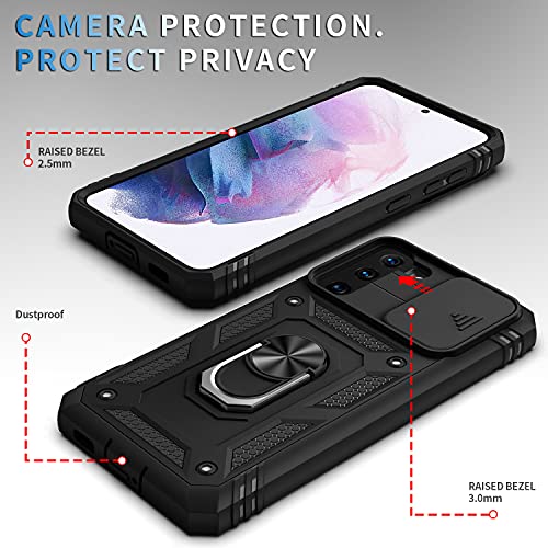 PASNEW for S21 5G Case with Kickstand & Camera Cover Slide & Charge Port Dust Plug,Military Rugged Heavy Duty Full Body Shockproof Protection Hard Shell for Samsung Galaxy S21,6.2 inch,Black