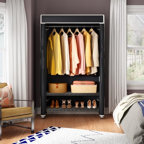 VIPEK V1S 3 Tiers Garment Rack With Cover - Clothing Rack for Hanging Clothes, Freestanding Wardrobe Closet for Small Spaces, Heavy Duty, Black With Black Oxford Fabric Cover