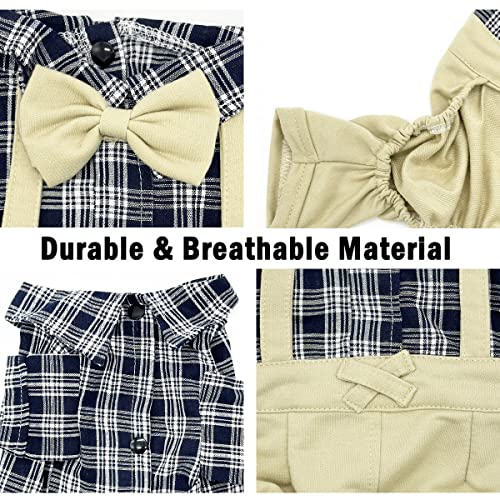 Pet Clothes Dog Shirts Classic Plaid Striped Overall Jumpsuit, Gentle Puppy Wedding Birthday Western Onesies Apparel, Fashion Daily Outfit with Bowtie for Dogs and Cats (X-Small, Khaki)