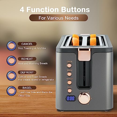 Mecity 4 Slice Toaster, Long Slot Toaster With Warming Rack, Bagel/Defrost/Reheat Functions,Warming Rack, Crumb Tray, 6 Browning Settings, Extra Wide Long Slots, Stainless Steel, 1300W,Grey