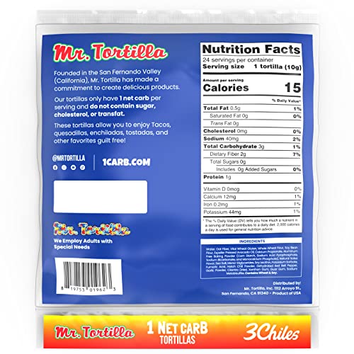 Mr. Tortilla Low Carb Keto Soft Taco Shells, Vegan Healthy Snacks & Bread Alternative, 1 Net Carb 15 Calories, Delicious Small Batch Kosher Wraps - (Spicy 3 Chiles, 24 Count)