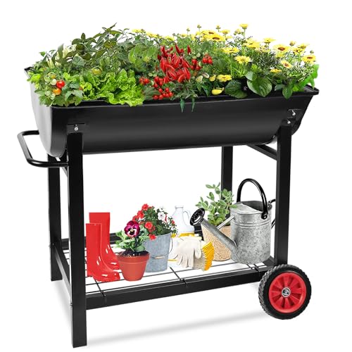 Aveyas Metal Raised Planter Box on Wheels with Complete Gardening Kit, Elevated, Mobile Garden Bed Cart with Legs - Ideal for Indoor & Outdoor Patio, Backyard Planting of Vegetables, Herbs, Flowers