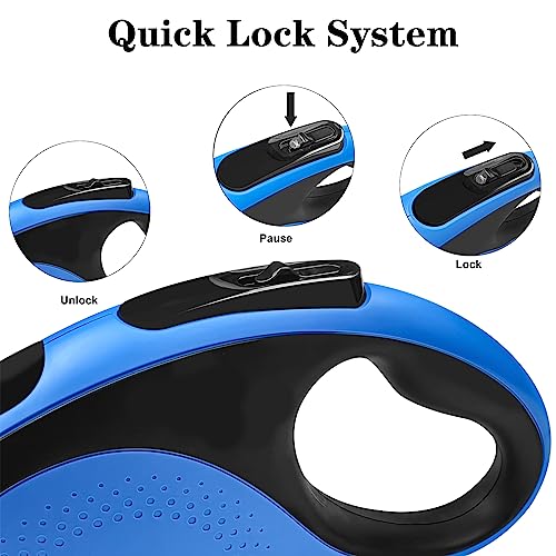 Huhaneon Retractable Dog Leash with Waste Bag Dispenser and Flashlight, 16ft Dog Leash for Small Medium Dogs up to 66lbs, One Button Break & Lock,360°Tangle Free, Soft Anti Slip Grip,Blue