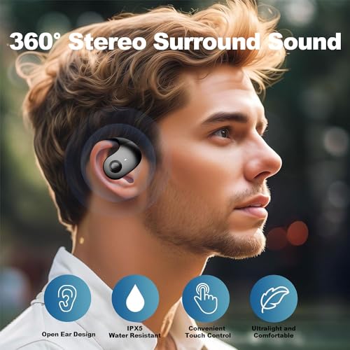 NEW Ultra Bone Conduction Earphones Open Earbuds with Immersive Audio Clear Call, Wireless Bluetooth Ear buds Stable Fit, Robust Bass, Sweat-Proof Sport Open-Ear Headphones with Mic, 48H Playtime