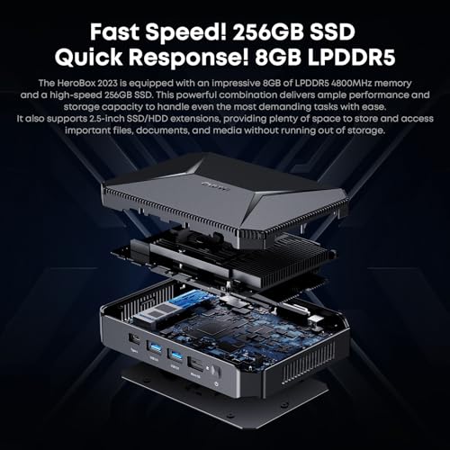 CHUWI Mini PC HeroBox, Intel N100(Up to 3.4GHz), 8GB LPDDR5 RAM 256GB M.2 SSD, Windows 11 Mini Computer, Quad Core, 4K Dual Display/WiFi 6 /BT5.2 /RJ45 Ethernet/VESA/USB 3.0/VGA/HDMI/Up to 2TB SSD