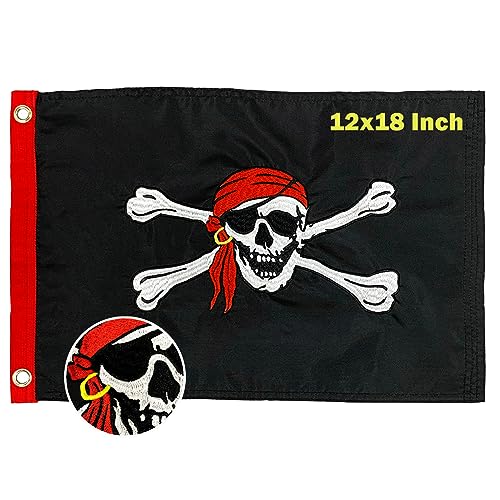 TOPFLAGS Pirate Boat Flag 12x18 Inch Jolly Roger Red Scarf Flag Embroidered Nylon with 2 Brass Grommets 4 Stitching Rows Heavy Duty Fade Proof Water-resistant Skull Banner for Outdoor Indoor