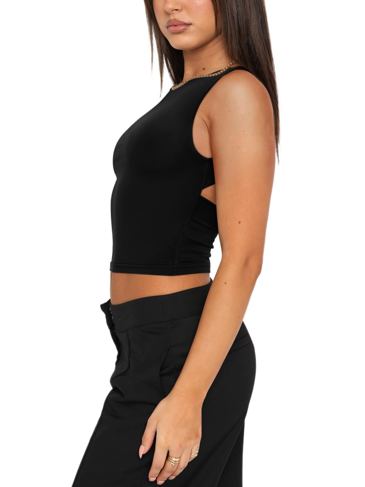 REORIA Women's Summer Sexy Open Back High Neck Sleeveless Tank Top Double Lined Y2k Trendy Backless Crop Tops Black Small