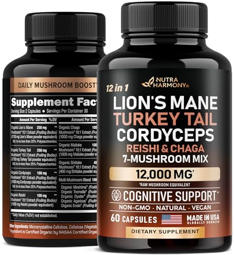 Mushroom Supplement - Organic Lion's Mane | Turkey Tail | Chaga | Cordyceps | Reishi | Maitake | Shiitake | Meshima | Tremella | Oyster | Agaricus - Made in USA - 12-in-1 Complex 12000 mg, 60 Capsules