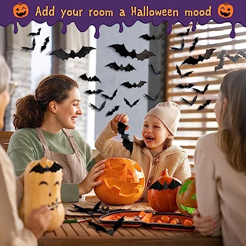 Bats Wall Decor 120PCS Halloween Decoration Bats Realistic PVC 3D Black Scary Bat Wall Stickers for Creepy Home Decor Halloween Party Decorations DIY Wall Decal Bathroom Indoor Halloween Decor