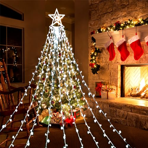 Christmas Lights Outdoor, Aokudoni 12.6ft 8-Lighting Modes Waterfall Lights for Christmas, Outdoor Christmas Decorations for Yard, Christmas Lights for Tree House Holiday Party, Warm White