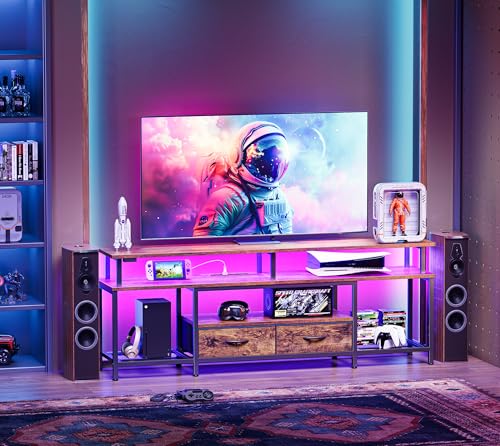 Huuger TV Stand for 65 70 75 Inch TV, Entertainment Center with Power Outlets and LED Lights, TV Console for Living Room, Media Console with Drawers and Shelves, Black