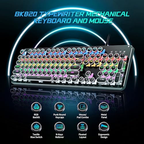 Typewriter Mechanical Gaming Keyboard and Mouse, Metal Panel Retro Keyboard with Round Keycap Blue Switch, RGB Backlit 104 Keys Anti-Ghost Wired Keyboard Mouse and Pad Combo for PC Laptop Mac Gamer