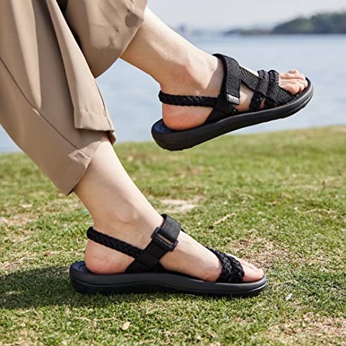 MEGNYA Ladies Supportive Walking Dressy Sandals, Cushion Rubber Insole Sandals for Outdoor Adventure, Comfortable Flip Flop Water Sandals with Cute Hook and Loop Straps Black Grey Size 6