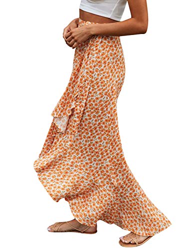 BerryGo Women's Boho Floral Wrap Maxi Skirt Sarong Coverups High Waisted Long Skirt with Slit Orange-S