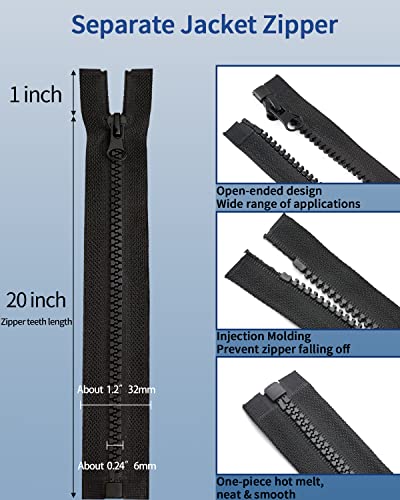 Wavebeexs 20 Inch Jacket Zipper, #5 Reliable Zipper for Jacket (3 Piece), Black Plastic Coat Zipper Replacement, Separating Zipper for Coat, Down Jacket, Sweatshirt, Clothes, Parka and More