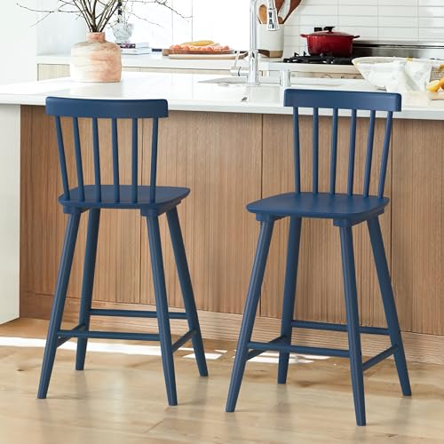 LUE BONA Windsor Wooden Bar Stools Set of 3 for Kitchen Island, Farmhouse 24 Inch Counter Height Stools Chairs with Spindle Back, White