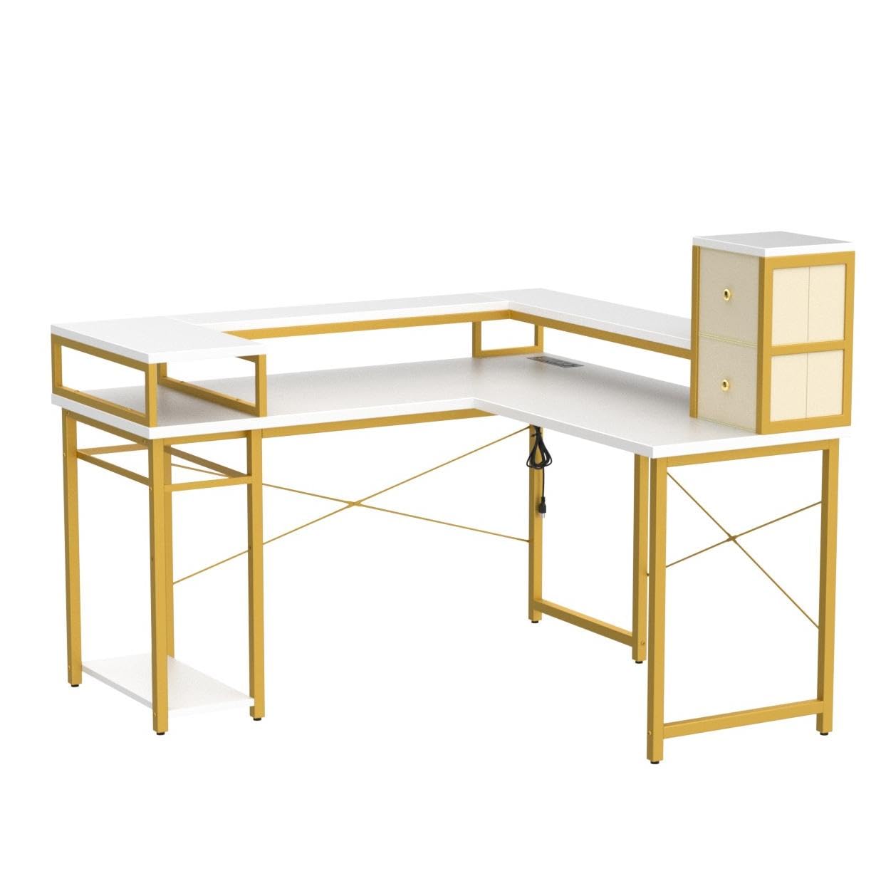armocity L Shaped Desk with Drawers, Reversible Corner Computer Desk with LED Light & Power Outlet, 55.2'' L-Shaped Gaming Desk with Long Monitor Shelf, Home Office Desk for Small Corner Space, White