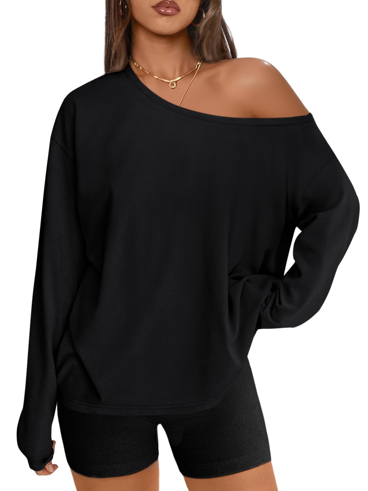 REORIA Womens Oversized Long Sleeve T Shirts One Shoulder Neck Fall Tee Tops Casual Y2K Outfits 2025 Clothes(Black XX-Large)