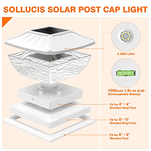 SOLLUCIS Solar Post Cap Lights, Super Bright 8 LEDs Fence Post Lights Solar Powered 2 Color Modes 20 Lumen Solar Post Lights Outdoor Waterproof for 4x4 5x5 6x6 Posts in Garden Decor, Patio Decor