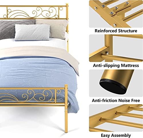 Weehom Twin Size Bed Frame with Headboard No Box Spring Needed Platform Single Bed for Kids, Gold