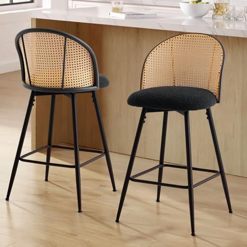 Bekrvio Swivel Bar Stools Set of 4, Mid Century Modern 29" Bar Chairs with Rattan Back and Metal Legs, Upholstered Boucle Fabric Barstools Island Stools for Kitchen Counter, Home Bar, Green