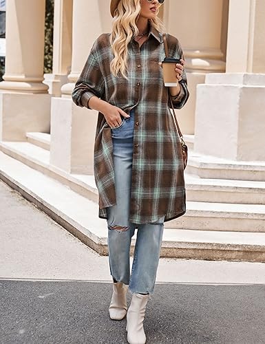 Zontroldy Women's Mid Long Casual Button Down Long Flannel Shirts Plaid Shacket Jacket with Pockets(0909-01Brown-S)