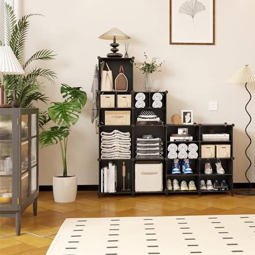 AWTATOS Cube Storage Closet Organizer Storage 12 Cube Shelves, Large and Small Cubes, DIY Portable Closet Clothes Storage Shelfs for Home, Bedroom, Black