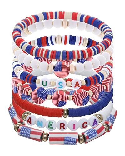 Taouzi 4th of July Bracelets for Women Handmade Elastic American Flag Bracelets Vsco Boho Polymer Clay Beads Bracelets for Women Independence Day Party Supplies 7Pcs Style 1