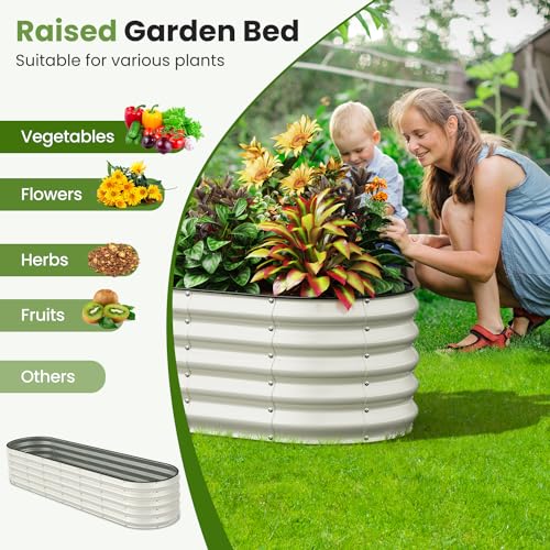 Pattiumo Oval 8x2x1.5 FT Galvanized Raised Garden Bed Kit, 7 in 1 Large Metal Planter Box for Outdoor Gardening, 18” Garden Bed for Vegetables Flower Herb(Pearl White)