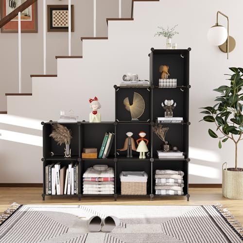 AWTATOS Cube Storage Organizer Storage 12 Cube Bookshelf DIY Plastic Closet Storage Shelves with Wooden Mallet, Ideal Storage Solution for Home, Bedroom, Black