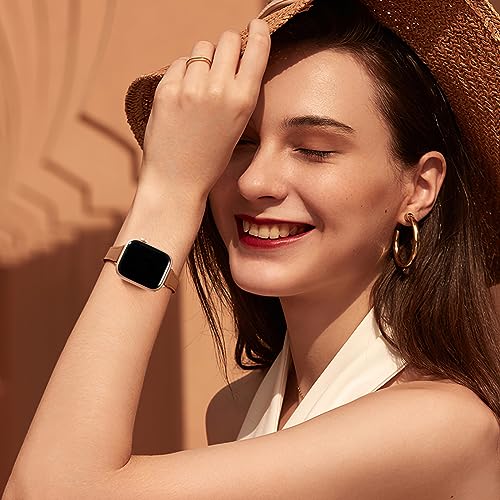 Charlam Slim Leather Band Compatible with Apple Watch Band 40mm 38mm 41mm 42mm 44mm 45mm 46mm Women,Top Grain Genuine Leather Strap Thin Wristband for iWatch Series 10 9 8 7 6 5 4 3 2 1 SE Ultra,Camel