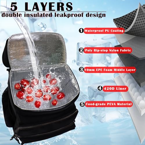 GiMiUiTo Double Deck Cooler Backpack Leak-Proof Large Cooler Backpack,Backpack Cooler Insulated Perfect Soft Cooler Bag for Tactical, Camping, Picnic, Beach, Hiking,Black