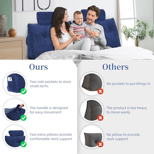 HABUTWAY Headboard Pillow, Large Bolster Cushion, Wedge Pillow Headboard, Reading Pillows for Sitting in Bed, Backrest Positioning Support Pillow with Removable Cover (Blue, Twin)