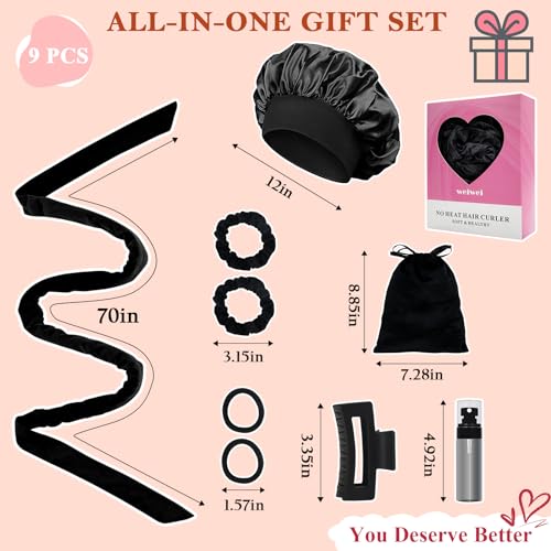 weiwei Heatless Overnight Curling Headband, 70" Non-Heat Hair Wave Wrap with 9 Soft Rollers for Long Hair (Black)
