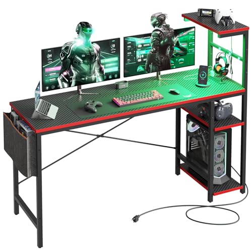Bestier 61 Inch Gaming Desk with LED Lights, Reversible Shelves, Height Adjustable Shelf, Steel Frame, CARB P2 Class Board, Black Grained